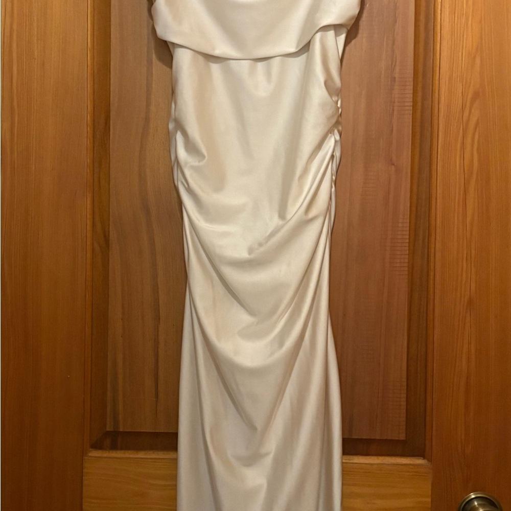 Windsor Ivory Off-Shoulder Draped Midi Dress